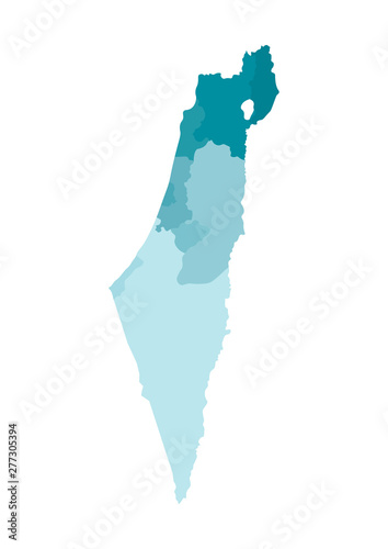 Vector isolated illustration of simplified administrative map of Israel. Borders of the districts (regions). Colorful blue khaki silhouettes. Note: map shown with disputed territories