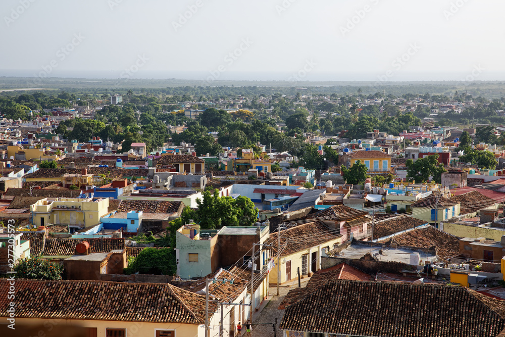 Trinidad, Cuba - July 20, 2018: The roofs of the historic center of Trinidad viewed from the tower of Convento San Francis of Assisi in Cuba
