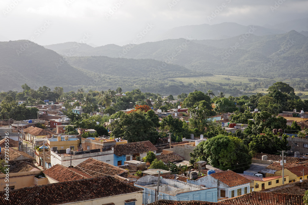 Trinidad, Cuba - July 20, 2018: The roofs of the historic center of Trinidad viewed from the tower of Convento San Francis of Assisi in Cuba