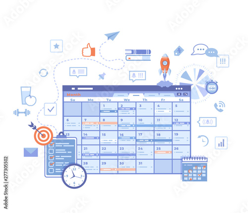 Planning Schedule Online web page interface planner, organizer, calendar, project plan with tasks and reminders. App, strategic, time management. Vector illustration on white background. 
