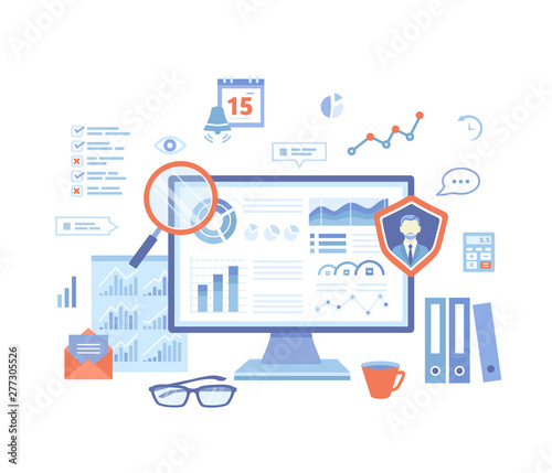  Auditing, analysis, accounting, calculation, analytics. Auditor checks the documents. Graphs, charts on the monitor screen. Vector illustration on white background. 