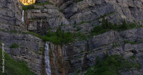 Wide Shot of Bridal Veil Falls at sunset near Salt Lake City in the Provo Canyon in Utah. 4k.