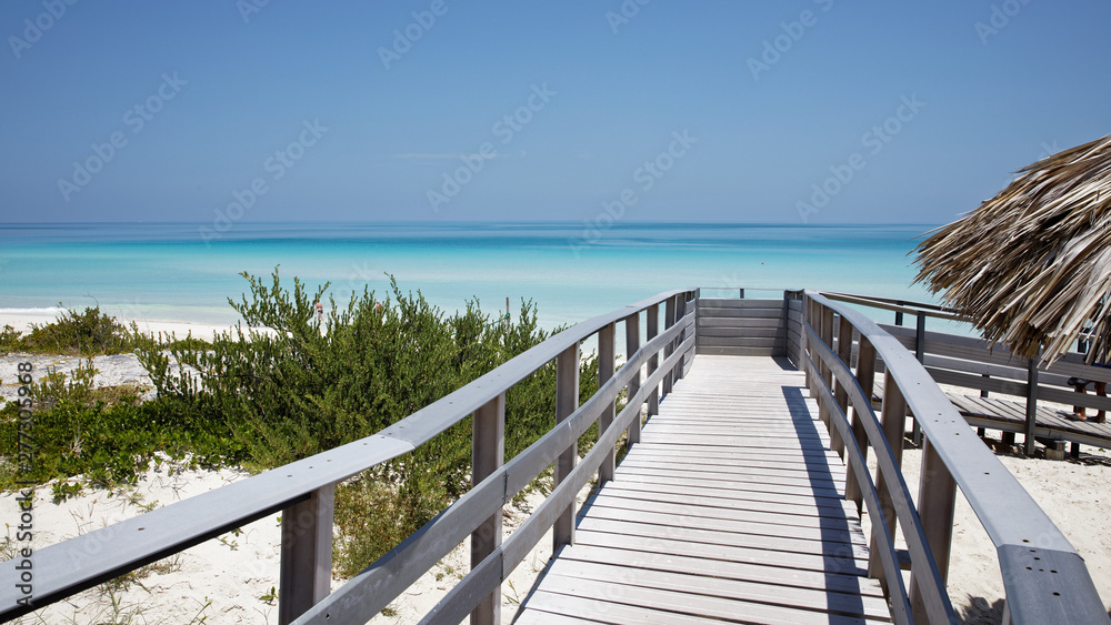 Cayo Santa Maria, Cuba - July 24, 2018: Paradise beach in Cayo Santa Maria, Cuba. View of a perfect desert coast with white sand and blue turquoise sea