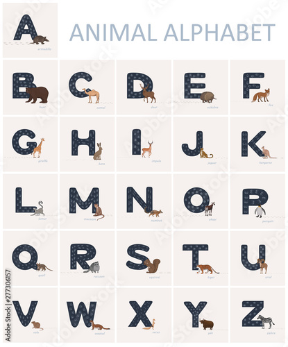 Hand drawn blue english alphabet with animal tracks on it and animals in cartoon style nearby.