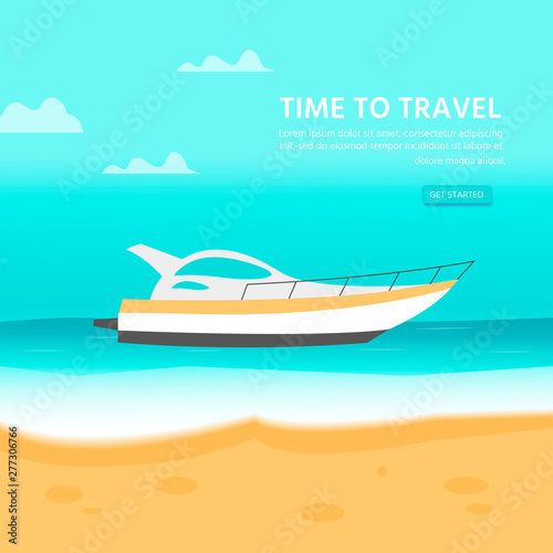 Design template for website with sea, ocean and nautical vehicles: sail boat, ship,  luxury yacht, speedboat. Creative flyer for beach summer holiday travel. Vector illustration.