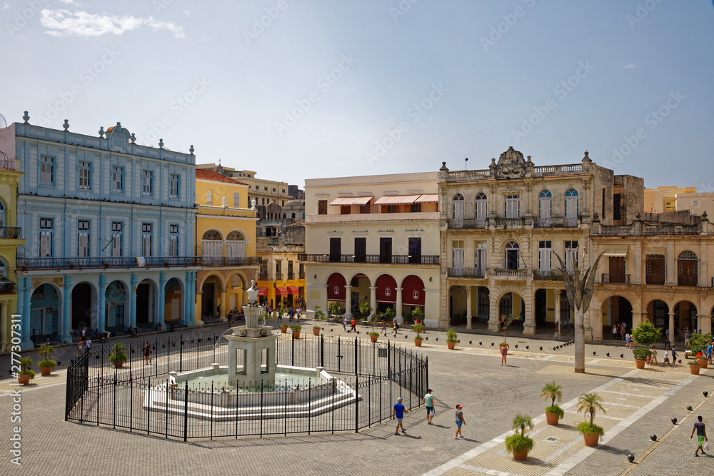 Havana, Cuba - July 31, 2018: View of Plaza Vieja in Havana in Cuba