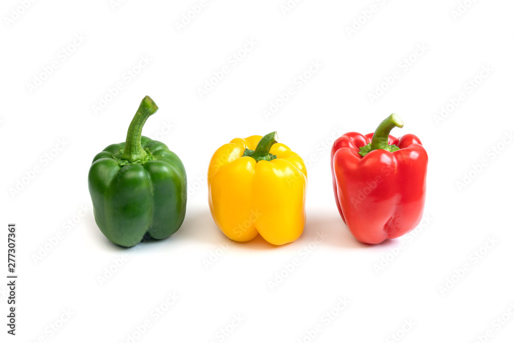 Fresh three color sweet peppers isolated on white background Fresh three color sweet peppers isolated on white background
