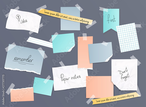 Collection of various note papers, banner set. Different scraps of paper stuck by sticky tape. Vector illustration.