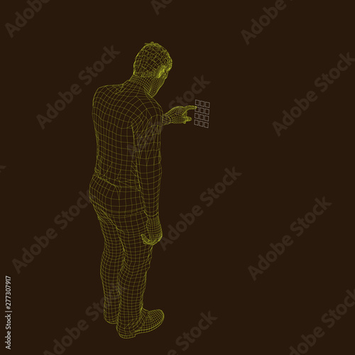 Man entering pin code. Wireframe human body. Vector outline.