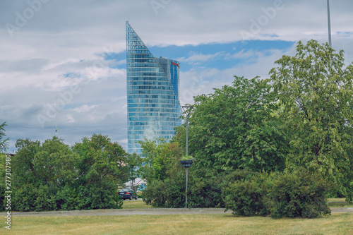City Riga, Latvia Republic. City skyline and nature. Glass tower. July 4. 2019 Travel photo.