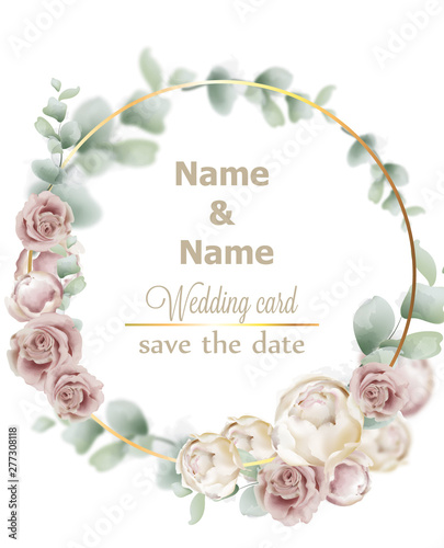 Wedding wreath watercolor roses Vector. Vintage decor design frames. Round sh...