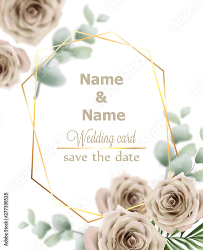 Wedding card roses Vector. Vintage decor design frame. Delicate light colors