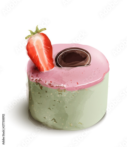 Berry cake Vector watercolor. Sweet desserts with strawberry and flowers