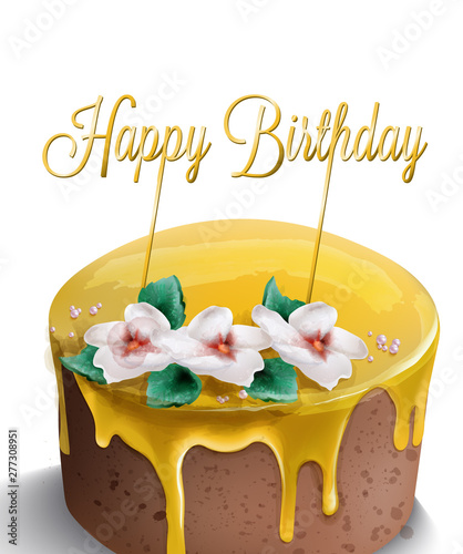 Happy birthday cake Vector watercolor. Yellow top. Golden text and flowers de...