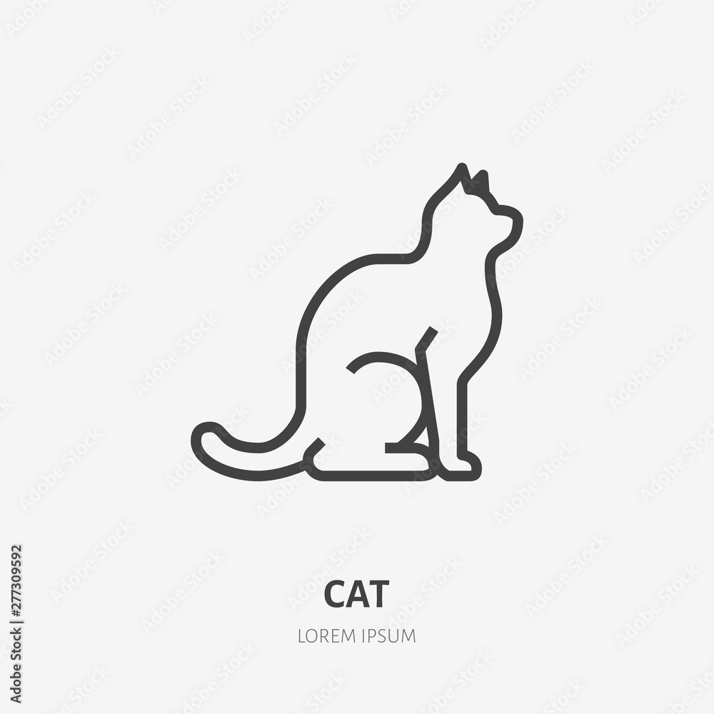 Sitting cat flat line icon. Vector thin sign of black kitten, animal logo. Pet shop outline illustration