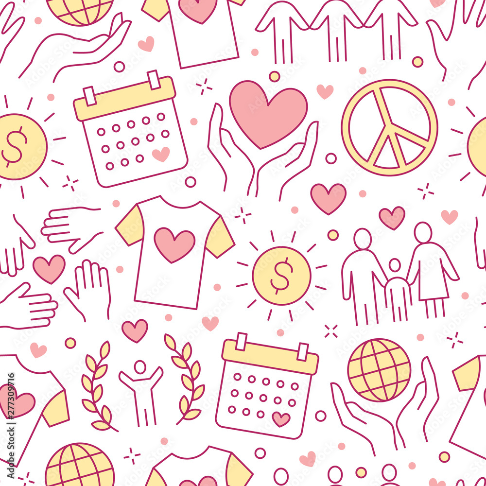 Charity vector seamless pattern with flat line icons. Donation, nonprofit organization, NGO, giving help illustrations. Pink white color background, wallpaper for donating, volunteer community poster Charity vector seamless pattern with flat line icons. Donation, nonprofit organization, NGO, giving help illustrations. Pink white color background, wallpaper for donating, volunteer community poster