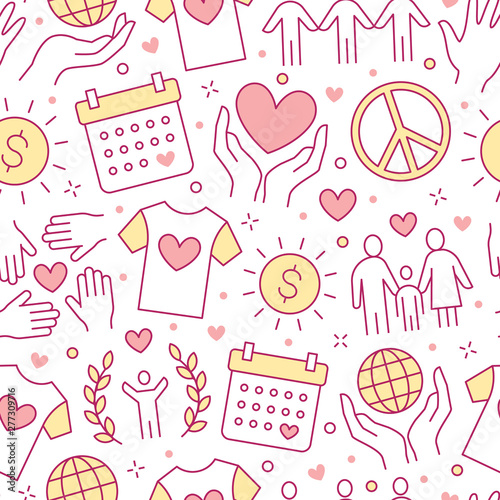 Charity vector seamless pattern with flat line icons. Donation, nonprofit organization, NGO, giving help illustrations. Pink white color background, wallpaper for donating, volunteer community poster