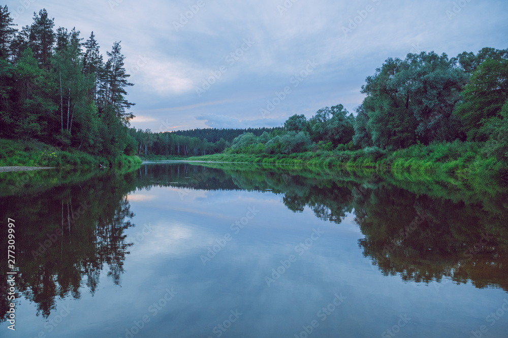 City Cesis, Latvia Republic. Red rocks and river Gauja. Nature  and green trees in summer. July 4. 2019 Travel photo.