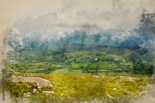 Digital watercolour painting of View from Cadair Idris mountain North over countryside landscape photo