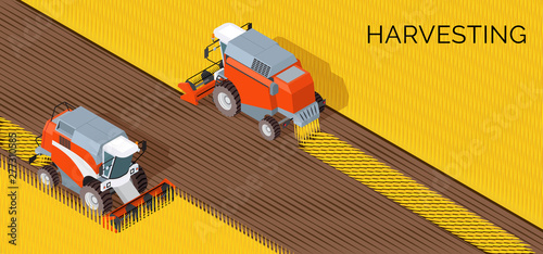 Harvesting concept, combine, agriculture machine on field with grain crop
