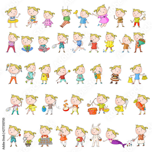 Collection of vector school and kindergarten girls. Princess  pirate  pet shop  fashion  sport  clothes  gardening  cooking.