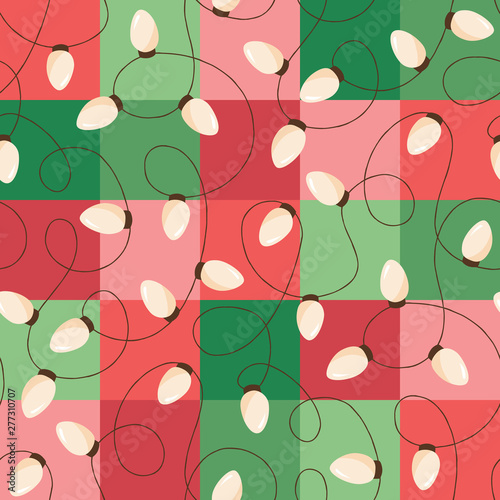 Holiday Christmas and New Year Intertwined String Lights on Red and Green Square Background Vector Seamless Pattern