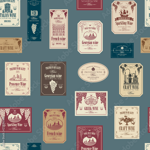 Vector seamless pattern on the theme of wine with various wine labels with images of grapes, landscapes, winery, castles, sailboats, fruits and other in retro style on the gray background