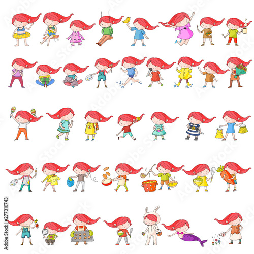 Collection of vector school and kindergarten girls. Princess, pirate, pet shop, fashion, sport, clothes, gardening, cooking.