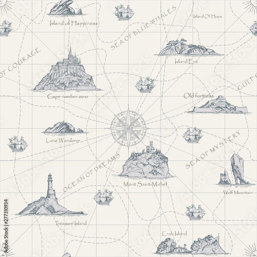 Vector abstract seamless background on the theme of travel, adventure and discovery. Old hand drawn map with islands, lighthouses, sailboats and inscriptions in retro style
