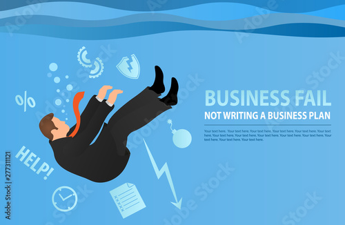 Businessman drowning in his problems. The metaphor of bad business. Flat style modern vector illustration. Concept business problem, stress, fail, deadline or overworked person