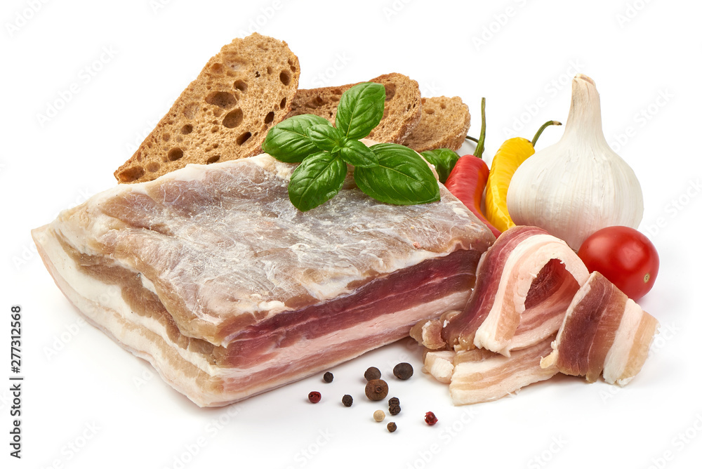 Homemade Chunks of salted bacon, pork lard, close-up, isolated on white background Homemade Chunks of salted bacon, pork lard, close-up, isolated on white background