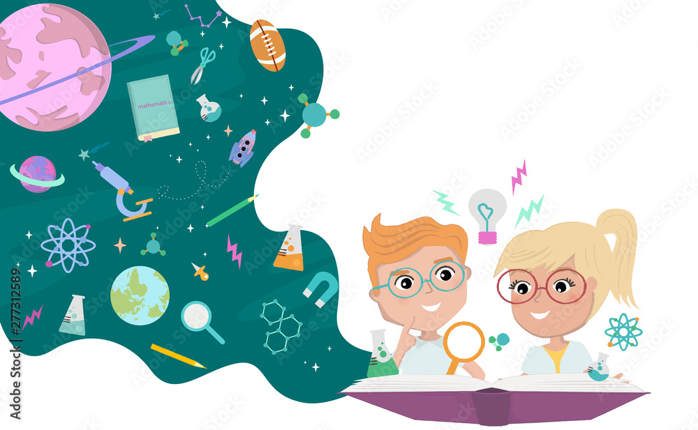 Back to school illustration with pupils and thoughts bubble with different education icons and space with planets. Editable vector illustration Back to school illustration with pupils and thoughts bubble with different education icons and space with planets. Editable vector illustration
