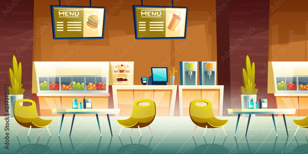 City cafeteria, fast food cafe, mall food court restaurant cartoon vector  empty interior with counter desk, fruits, sweets and bakery under  showcases, tables with chairs, menu signboards illustration Stock Vector |  Adobe