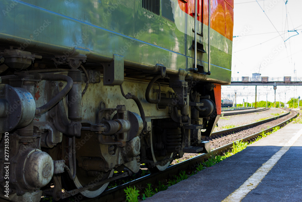 Naklejka premium Summer.Locomotive goes on rails. Russian train. Russian railway.