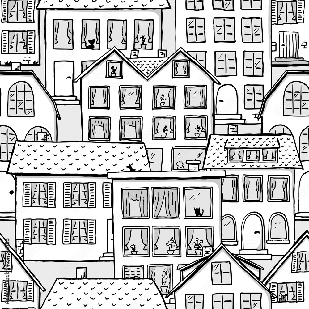seamless pattern of scribbled houses in black and white