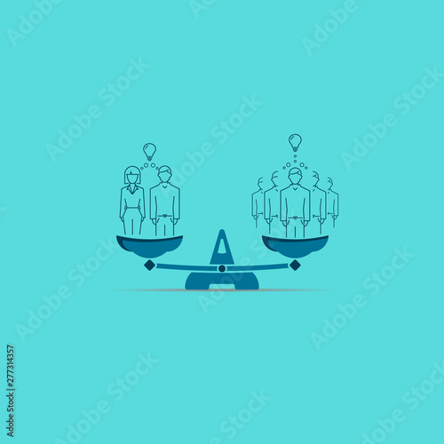 family in business is better than five men. illustration on scales. vector symbol