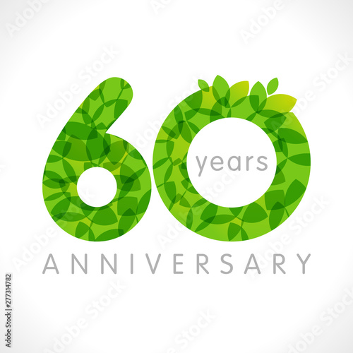 60 th anniversary numbers. 60 years old logotype. Age congrats, congratulation idea with leaves. Isolated abstract graphic design template. Herbal digits, up to 60% percent off discount. Eco label.
