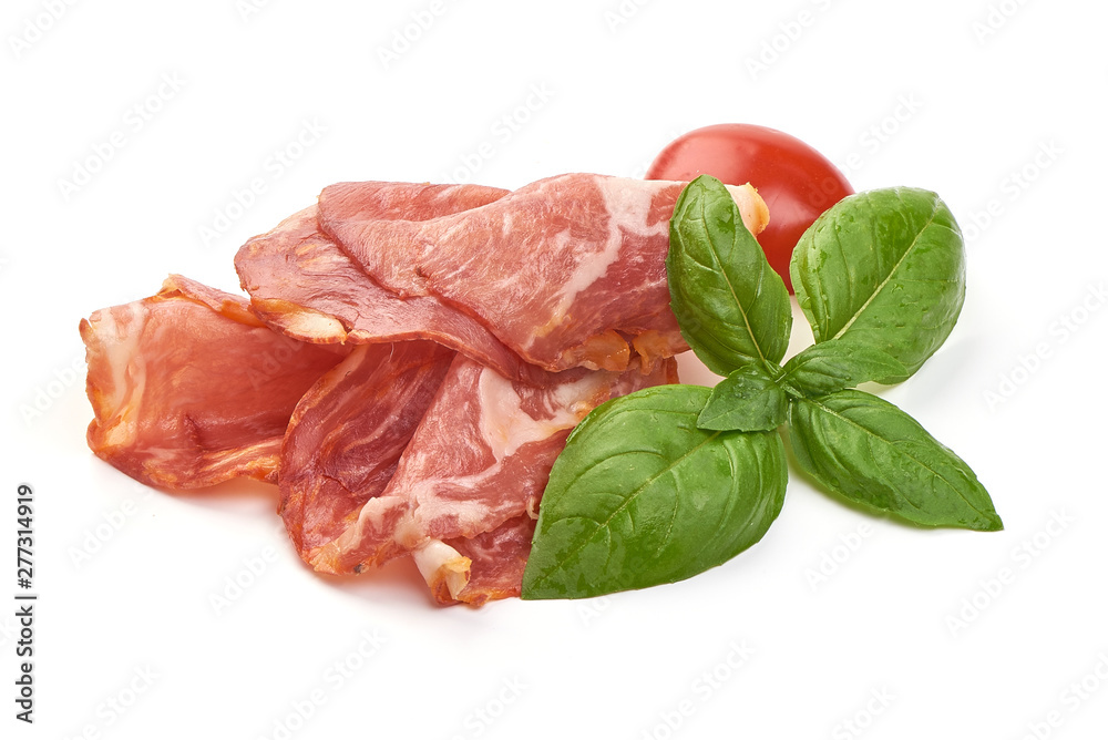 Italian prosciutto crudo or jamon, smoked ham, close-up, isolated on white background Italian prosciutto crudo or jamon, smoked ham, close-up, isolated on white background