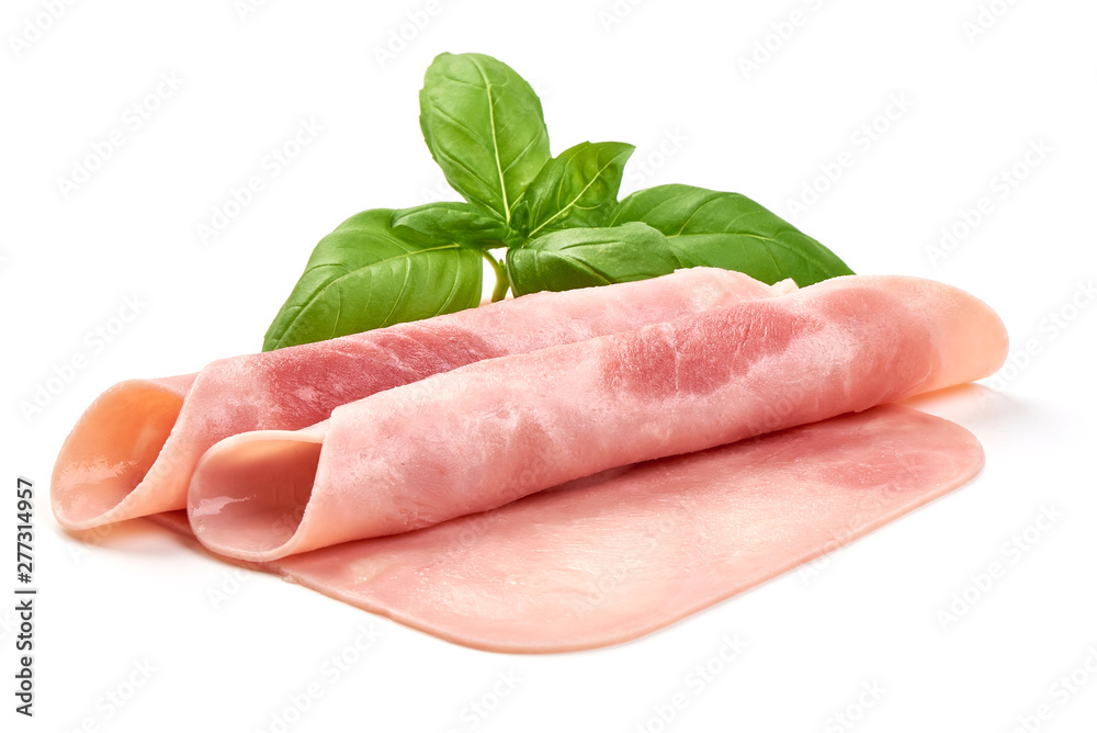 Sliced boiled ham, close-up, isolated on white background Sliced boiled ham, close-up, isolated on white background