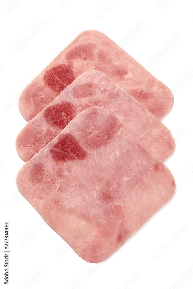 Boiled Ham Slices, top view, isolated on white background