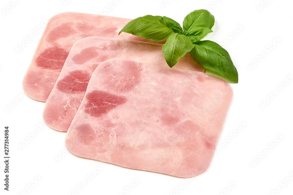 Sliced boiled ham, close-up, isolated on white background Sliced boiled ham, close-up, isolated on white background