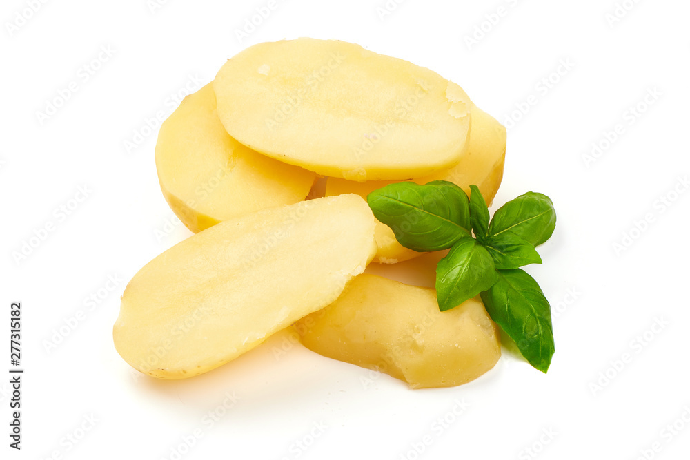 Boiled potato pieces, close-up, isolated on white background Boiled potato pieces, close-up, isolated on white background