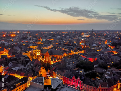 Hasselt city center aerial view shortly after sunset, Limburg province, Belgium