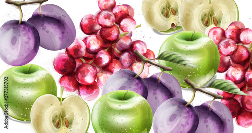 Summer fruits vector watercolor pattern background. Apples, plums and grapes ...
