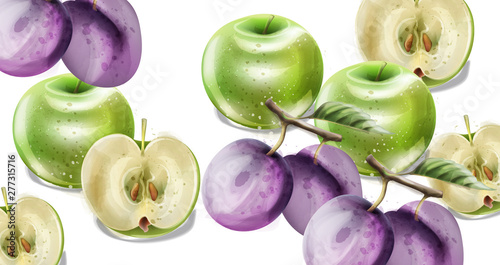 Summer fruits vector watercolor pattern background. Apples, plums and grapes ...