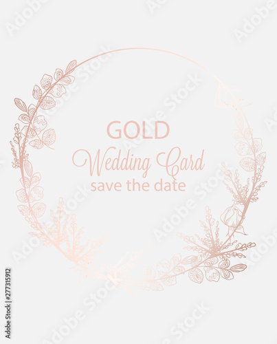 Vintage boho flowers wreath decor Vector line art. Golden glossy structure. H...