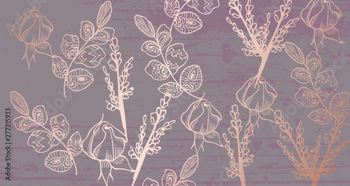 Vintage boho pattern flowers Vector line art. Golden glossy structure. Hand m...