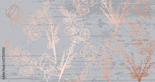 Vintage boho pattern flowers Vector line art. Golden glossy structure. Hand m...
