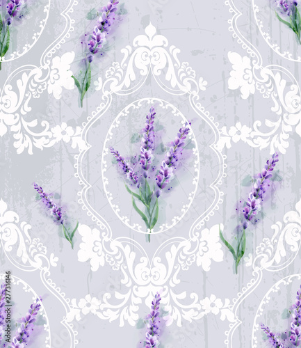 Damask ornament and lavender Vector pattern. Delicate floral decor watercolor. Spring summer texture banner templates
