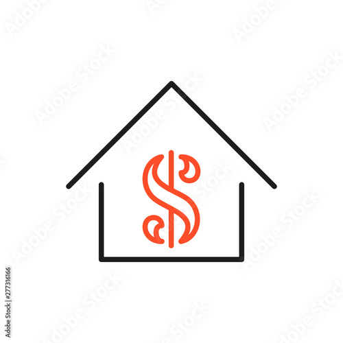 Home / house buying or real estate investment flat vector icon. Rental house with dollar mark line icon